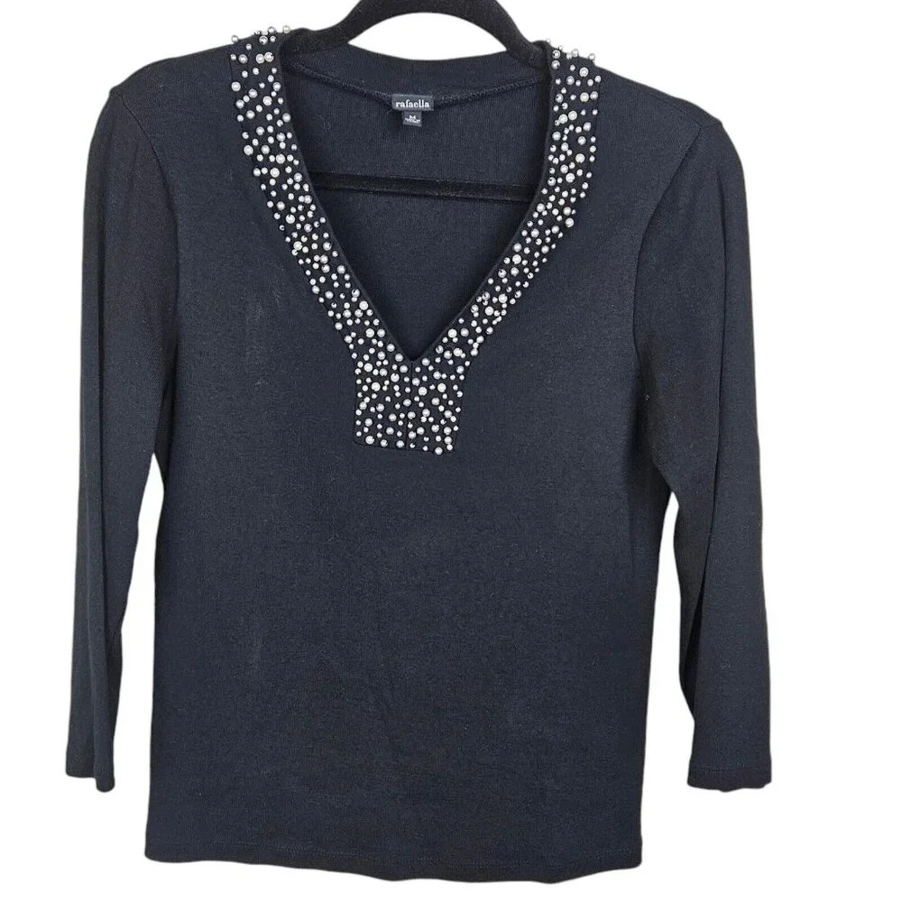 Rafaella Black Pearl Accent 3/4 Sleeve Knit Pullover V Neck Sweater Size Medium